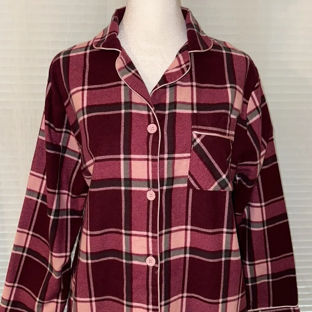 Erxeelo 12-14 Burgundy Pink Plaid Flannel 💯Cotton Pajama Sleep Long Sl Shirt